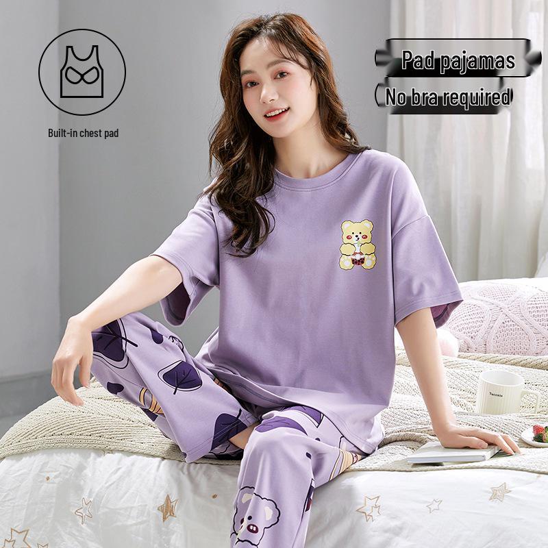 Damski kreskówkowy komplet piżamy z krótkim rękawem i wkładkami na biust - Letni bawełniany długi komplet domowy 2025