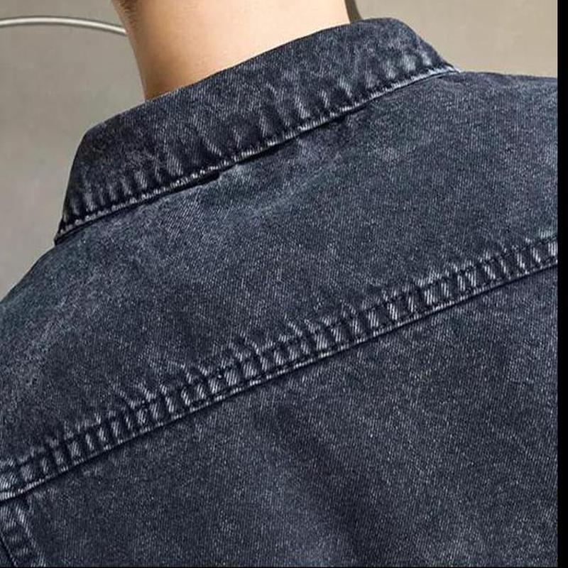 Chaqueta Vaquera de Primavera y Otoño para Hombre Chaqueta de Ocio Informal de Manga Larga Suelta Negra Sólida Delgada Tendencia de Estilo Coreano Chaqueta Vaquera de Algodón con Solapa de Gama Alta