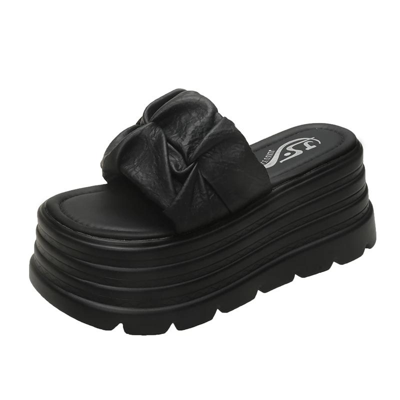 Fashion 8CM Summer Women Slippers New Pleated Thick Sole Dad Shoes Casual High Platform Slides Leisure Outside Flip-Flops Sneakers Woman
