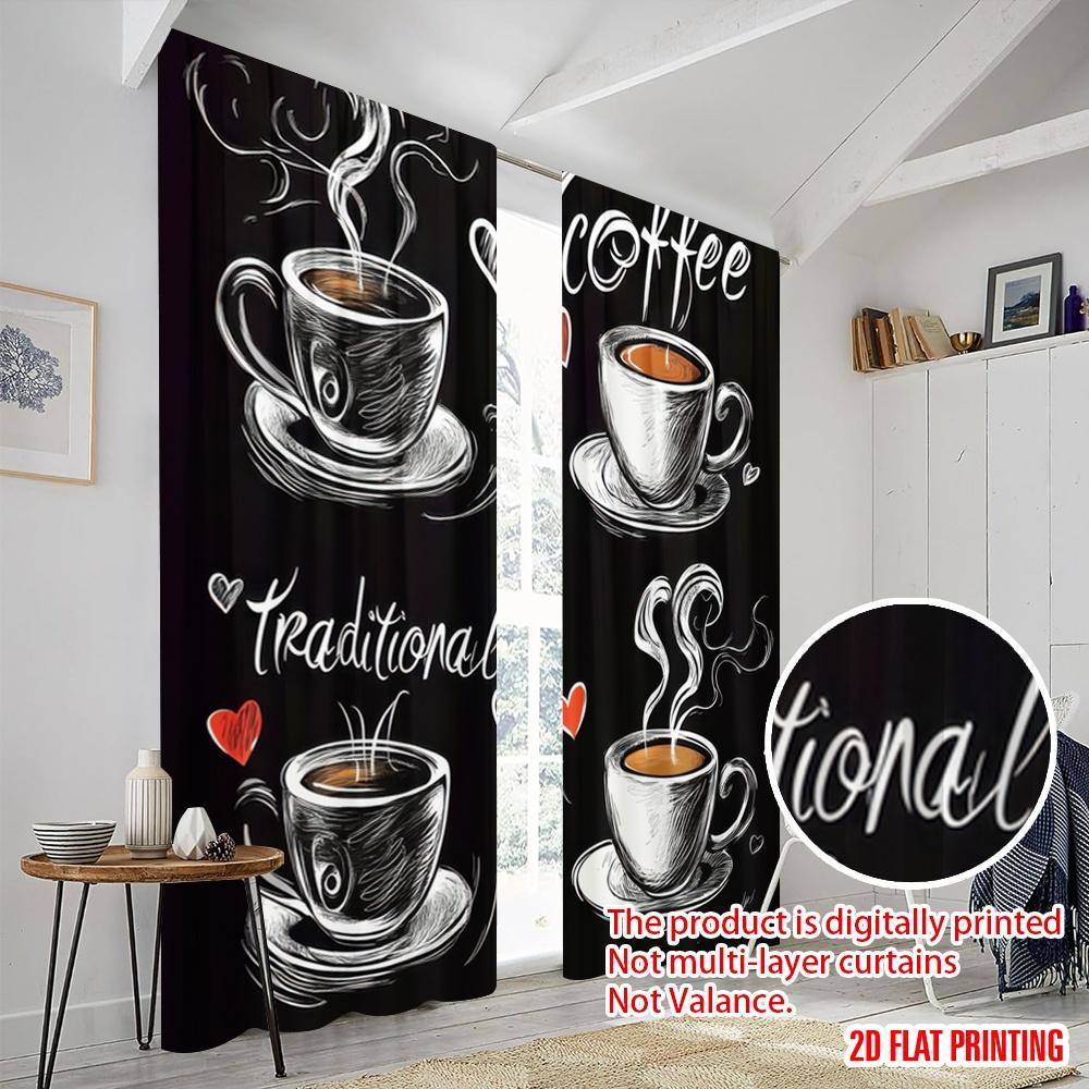 2pcs,2D Plane Printing Curtains Coffee Love Art Versatile Fabric (without Rod) Art Deco Festive Perfect for Bedroom, Living