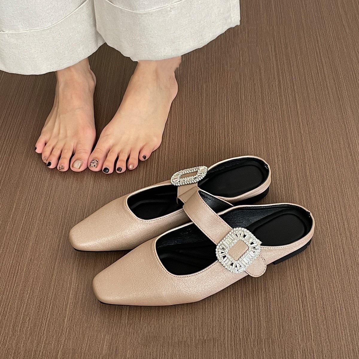 

Туфли-мешки на плоской подошве, полутапочки, женская верхняя одежда, весна-лето 2025, новые серебристые босоножки с пряжкой на ремне со стразами 40 шампанского