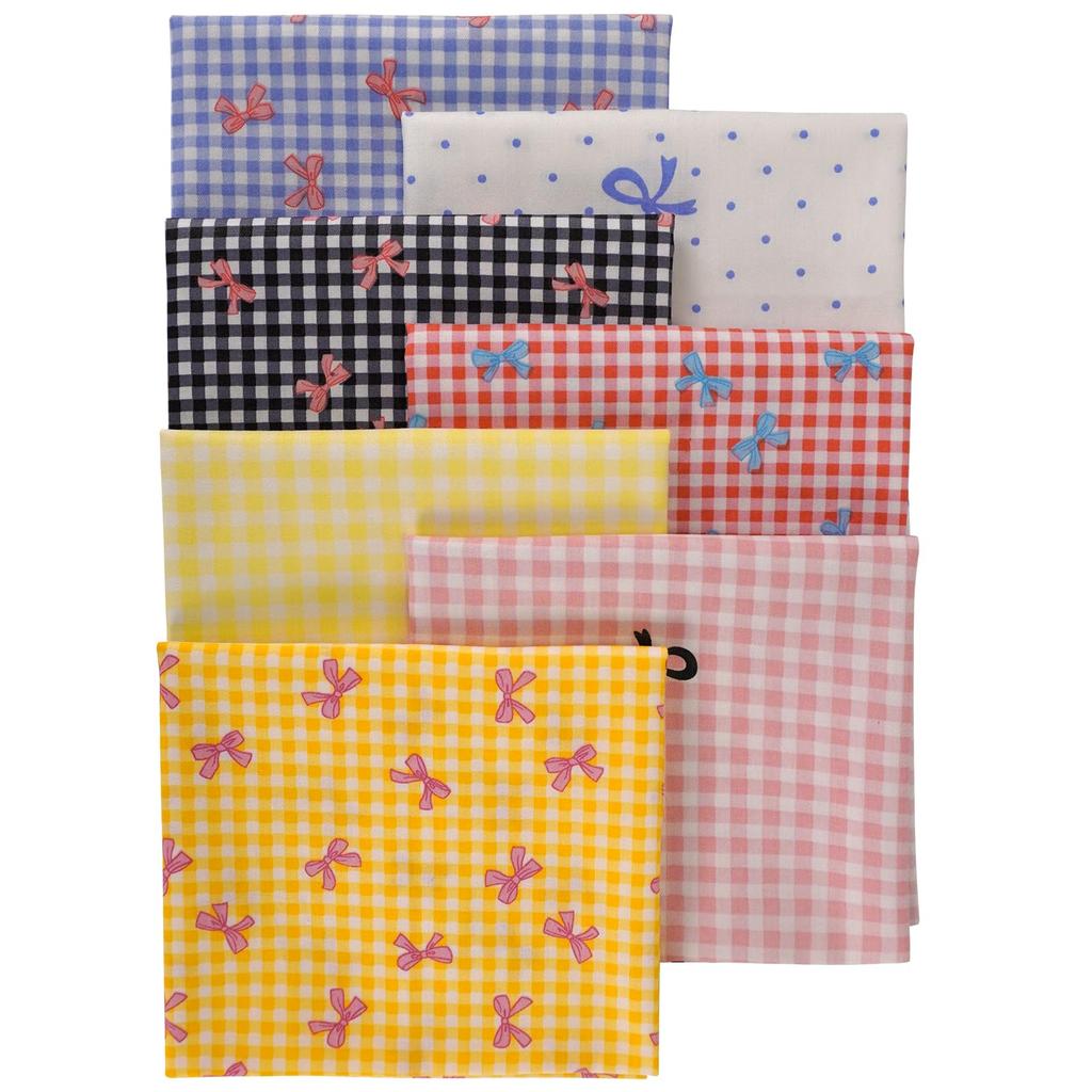 Set of 7 Checkered Bow Patchwork Cut Nordic Cotton 46x56cm Fabrics, Cloths, Scraps,