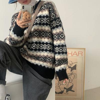 Autumn and Winter Retro Striped Literary and Lazy Sweater Schoolgirl Loose and Thin Pullover Crew Neck Knitted Top