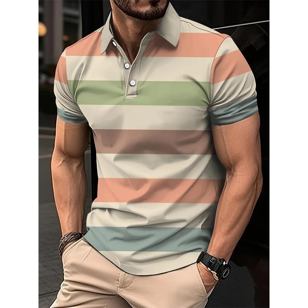 Summer Men's Polo Shirt with Stripes Print Breathable Lightweight Casual Fashionable Outdoor Men's Clothing