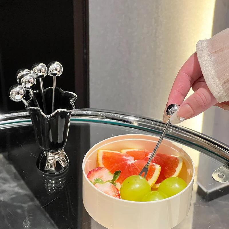 6Pcs New Stainless Steel Fruit Forks Set INS Ceramic Jar Dessert Forks with Holder Light Luxury Home Decoration