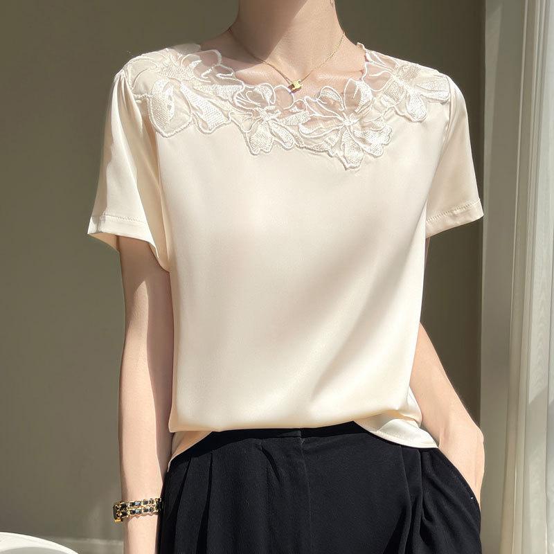 Summer new floral mesh short-sleeve casual T-shirt for women, fashionable top