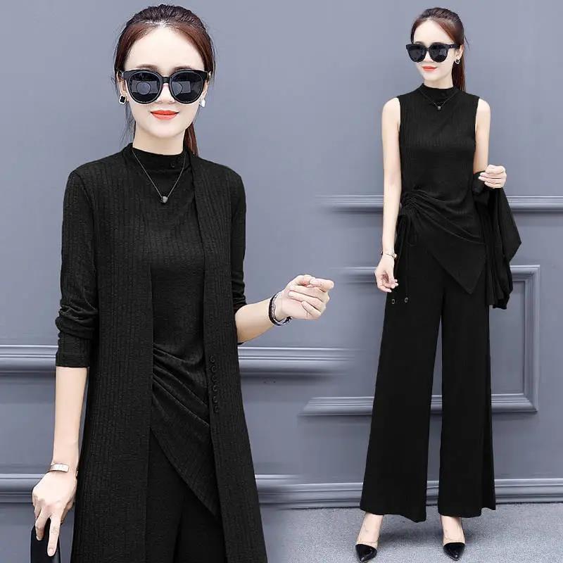 Женский облегающий костюм-тройка, модный осенний женский костюм с широкими брюками и длинными рукавами XXXXXL чёрный