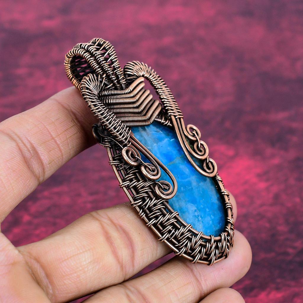 Neon Apatite Pendant Handmade Real Gemstone Pendant Copper Wire Wrapped Jewelry