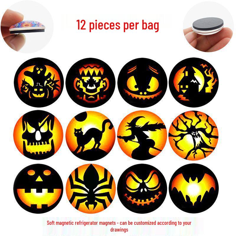 Ghost Festival Fridge Magnets: Witch, Pumpkin, Skeleton, Spider, Bat & Gem Silhouettes