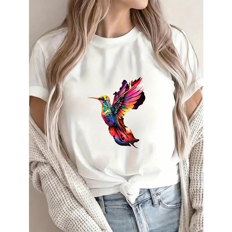 Women Casual T Shirt White Colorful Hummingbird Print Summer Fashion Top For Daily Wear And Outing