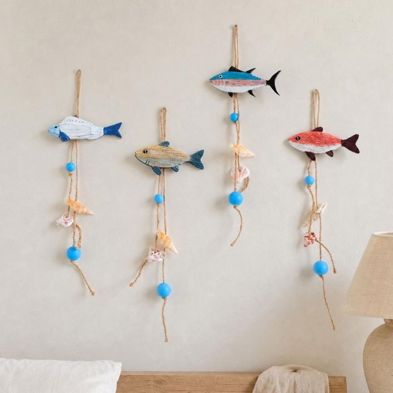 Wood Fish Wall Hanging Decors for Entryway, Bedroom, or Living Room, Ocean Theme Piece with Rope and Color Detail Trim