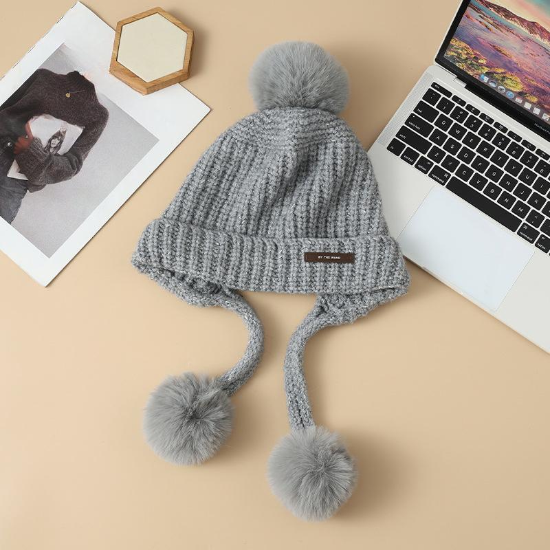 

Korean Version of Versatile Gold Wire Clip-color Knitted Wool Hat Autumn and Winter Outdoor Thickened Cold Hat Cute Wool Ball Warm Hat New average size