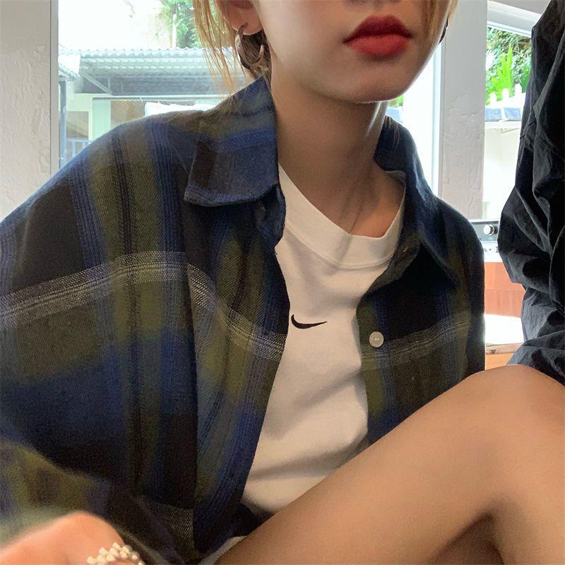 Women's Plaid Jacket Shirt – Retro Hong Kong Style, Chic Blouse for Spring/Autumn 2025
