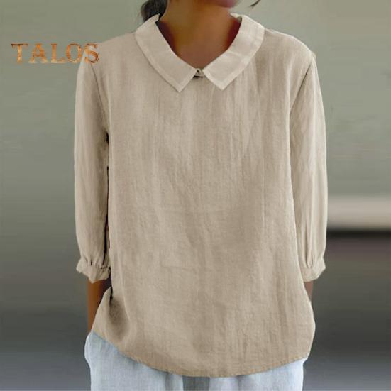 Women Shirt Doll Collar 3/4 Sleeve Pullover Tops Solid Color Loose Fit Thin Shirt Tops Casual Daily Wear
