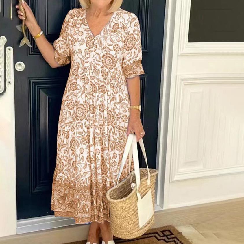 Boho Print Dress Women Summer Long Dress Female Fashion V Neck Half Sleeve Dress Ladies Loose Oversized Beach Party Dress