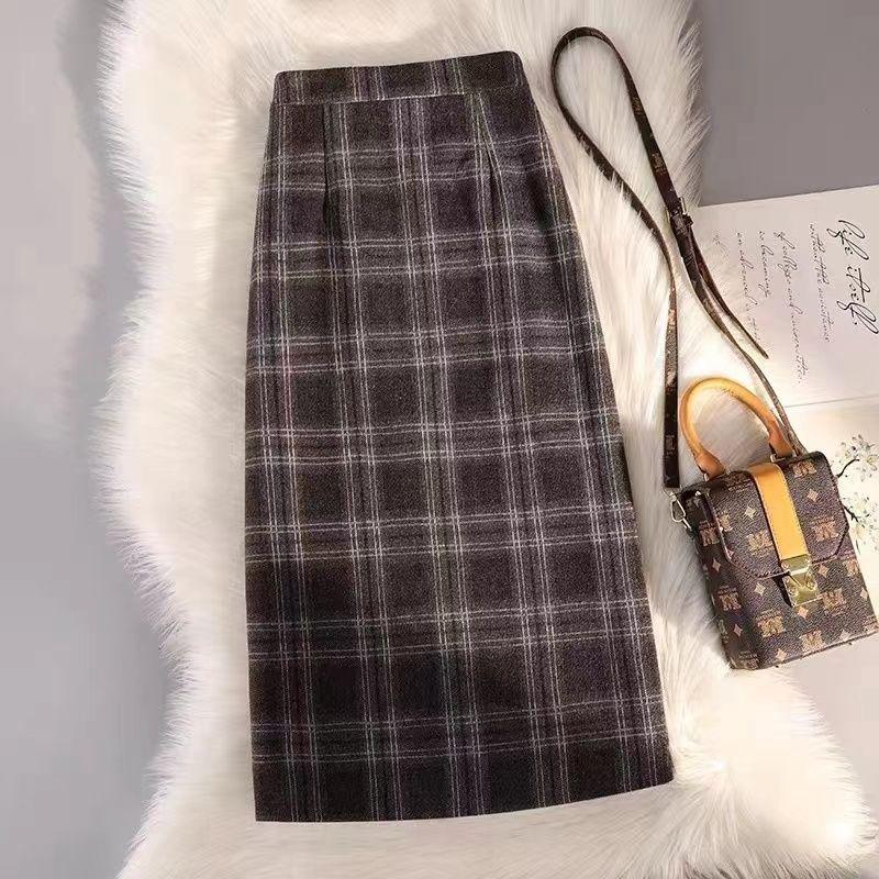 Ultra-Thick Woolen Plaid Midi Skirt - Women's High Waist A-line Bodycon for Autumn/Winter