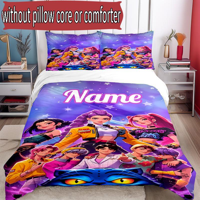 3pcs Duvet Cover Set (1*Duvet Cover + 2*Pillowcase, Without Core), Custom Name KPop Hunters Pattern Bedding Set, Home Bedroom Decor Gift