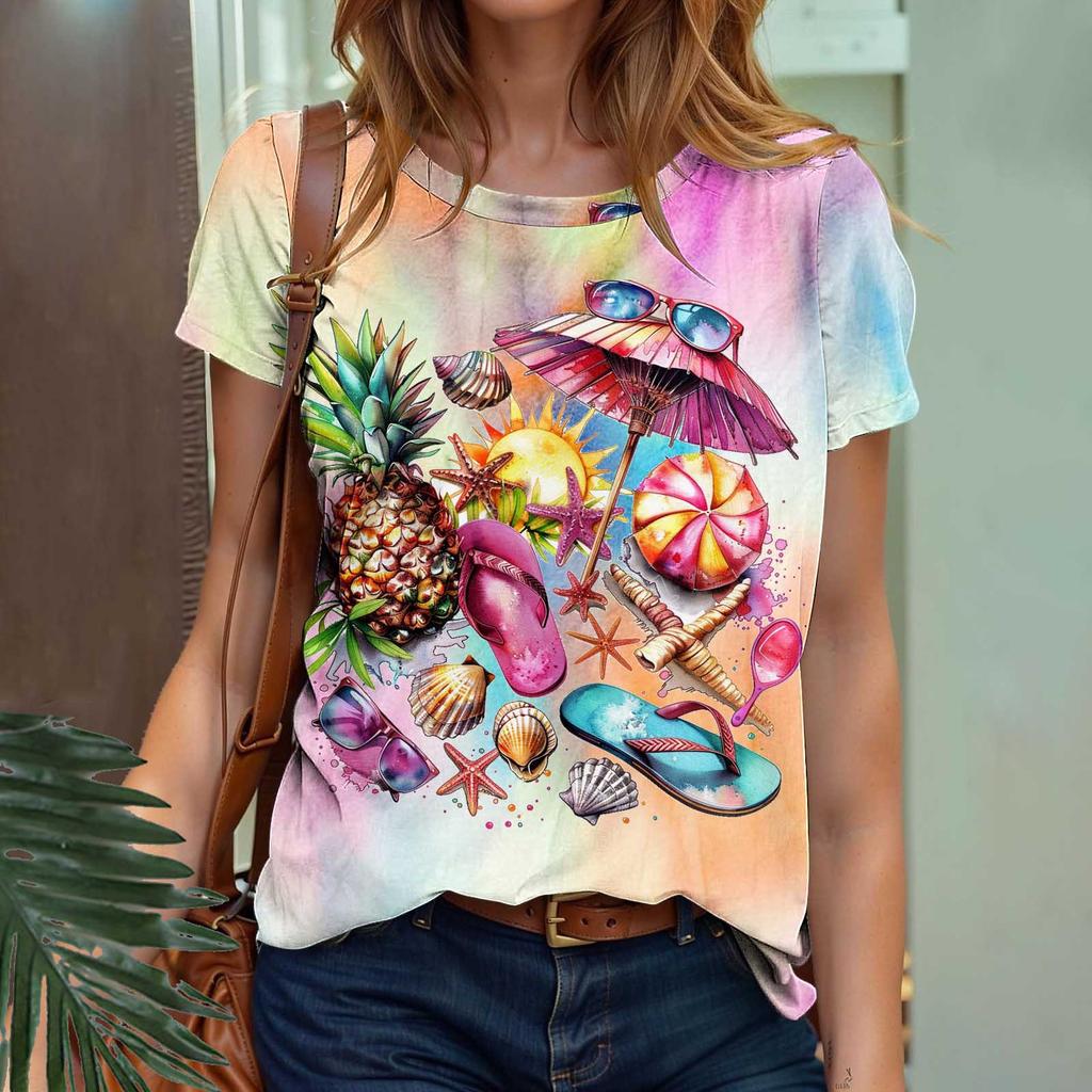 Summer Fruit Coconut Tree Gradient 3D Print Beach T-Shirts Short Sleeve O-Neck Women's T-shirts