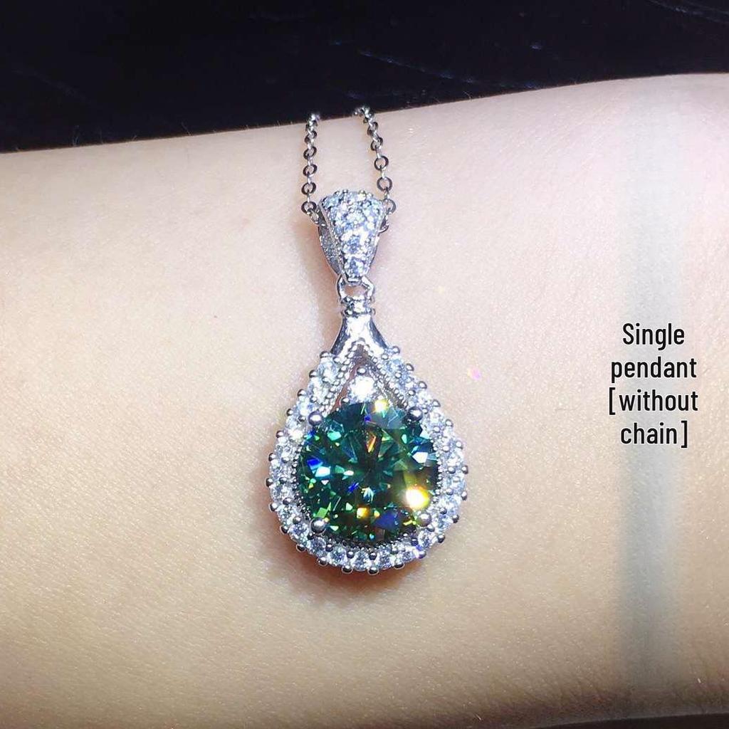 Colier cu pandantiv moissanit albastru-verde de 3 carate cu opt tăieturi Hearts & Arrows, placat cu PT950, lanț pentru claviculă pentru femei