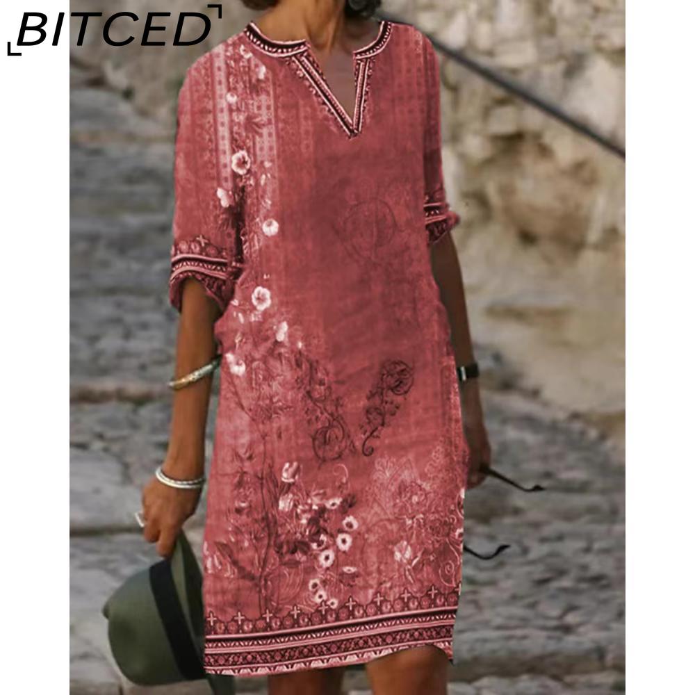 

BITCED Женское сексуальное платье-футболка с V-образным вырезом, летний женский топ с коротким рукавом, женское облегающее платье миди, пляжная юбка, платье с принтом, повседневное платье XXXL красный