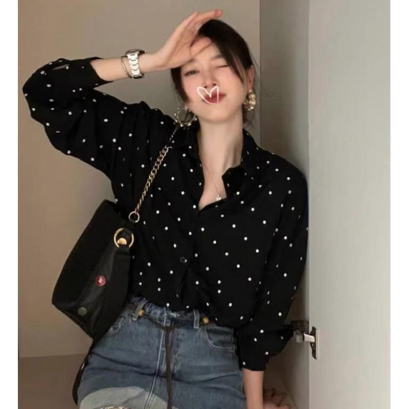 Women Polka Dot Printed Blouse Long Sleeve Loose Turn Down Collar Ladies Shirts