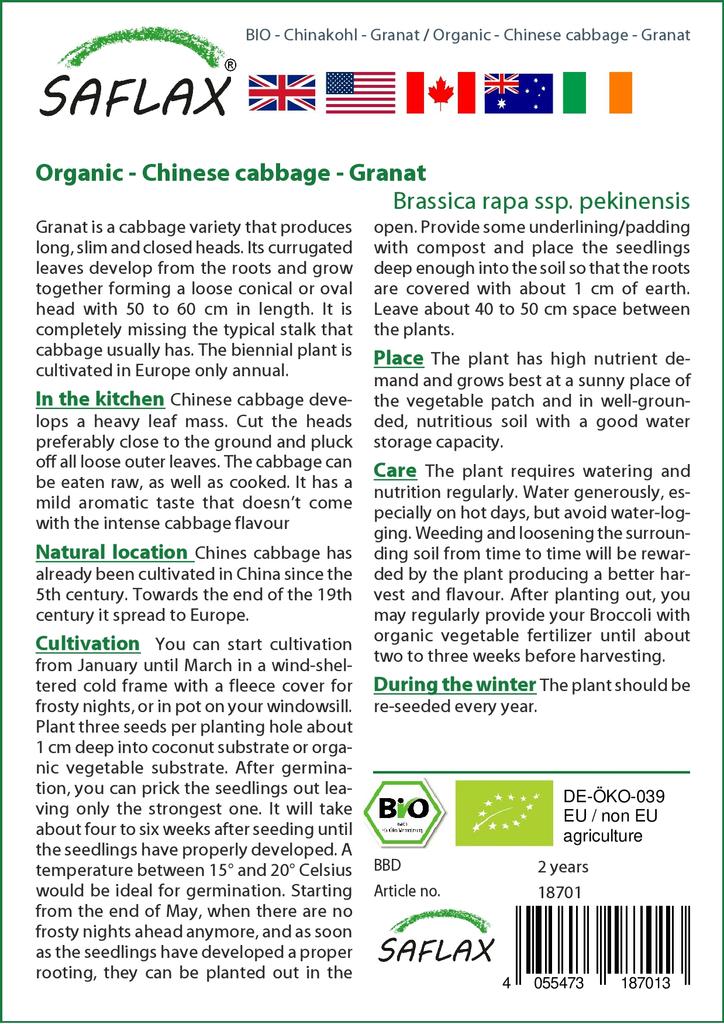 SAFLAX Garden In the Bag - Organic - Chinese Cabbage - Granat - 40 Seeds - With Substrate In a Fitting Stand Up Bag - Brassica Rapa