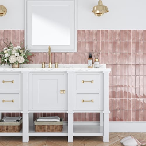 VEELIKE Waterproof Heat-Resistant Tile Sheets, 6 Sheets, 30x30cm Square, Marble Brick Pink Glossy Tile Stickers, 3D Wallpaper Stickers, Mosaic Wall St