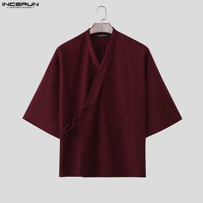 INCERUN Men V Neck Half Sleeve Side Lace-up Casual Loose T-shirts Tops