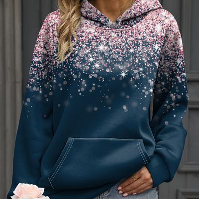 Plus Size Casual Sweatshirt, Women's Plus Sky Print Long Sleeve Hooded Sweatshirt With Kangaroo Pocket