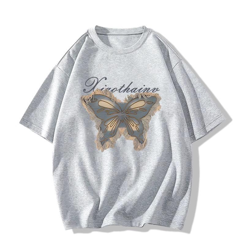 grey cotton short-sleeved t-shirt women's summer new small butterfly print ins design sense niche loose top