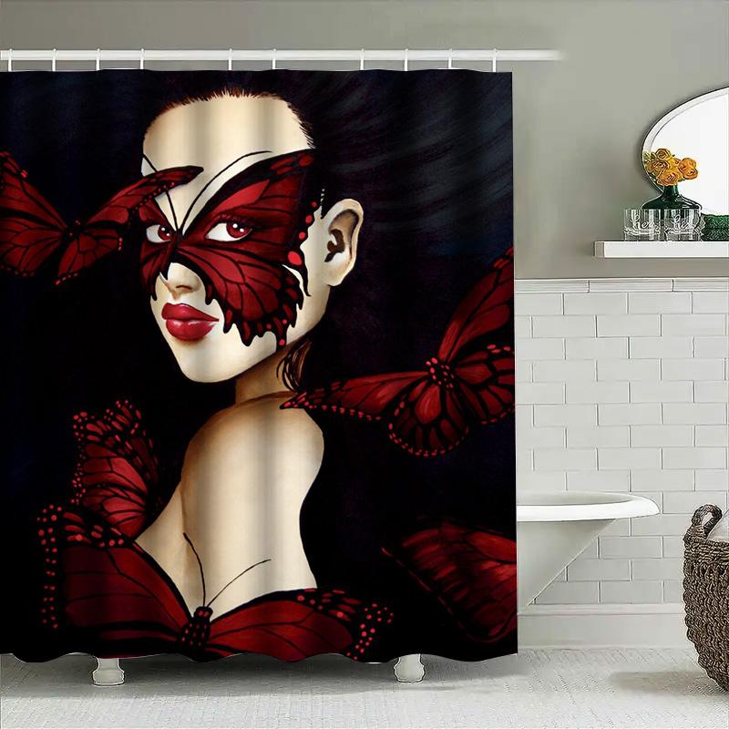 Red Butterfly Pattern Bath Shower Curtain Elegant Women'S Decoration For Bathroom Decorations Set Home Improvement Accessories (