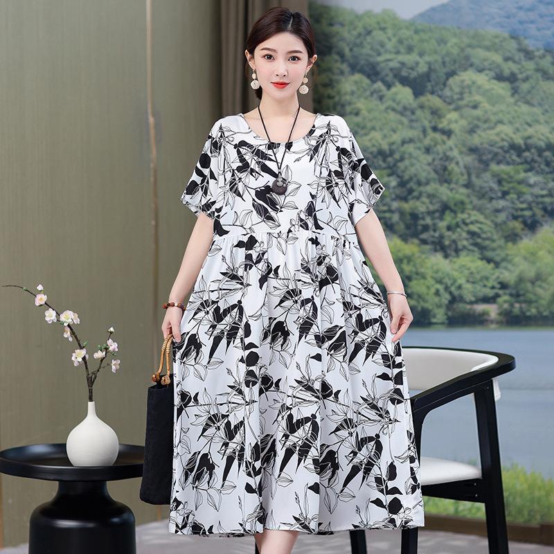 Summer mother cotton and silk over the knee skirt loose large size fat man dress thin middle-aged man wearing long dress