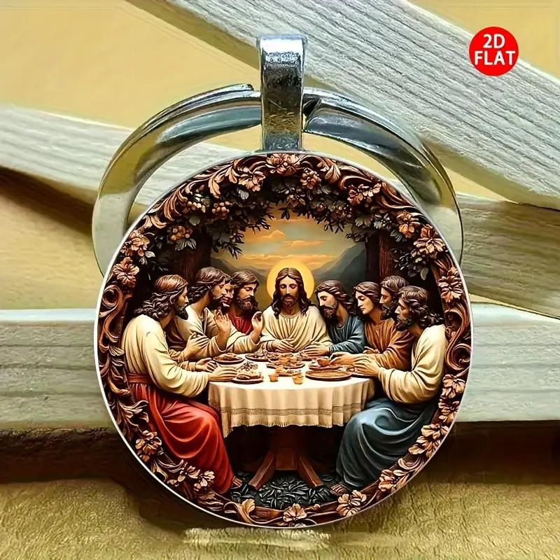 Jesus Last Supper Glass Pendant Keychain With Modern Minimalist Design For Religious Gift