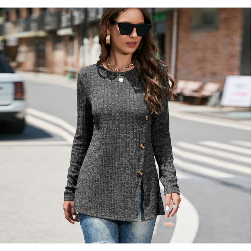 

2024 Knited Women s Sweater round Neck Large Top Women s Clothing Gray (Button) S