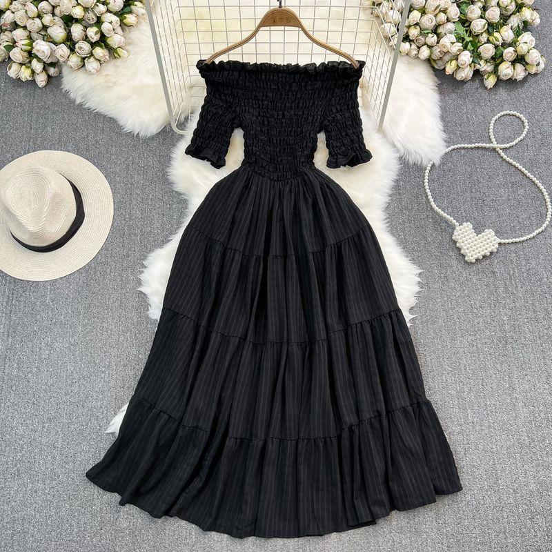 

Off-the-Shoulder Summer Gentle A- line Large Hem Dress Black All yards