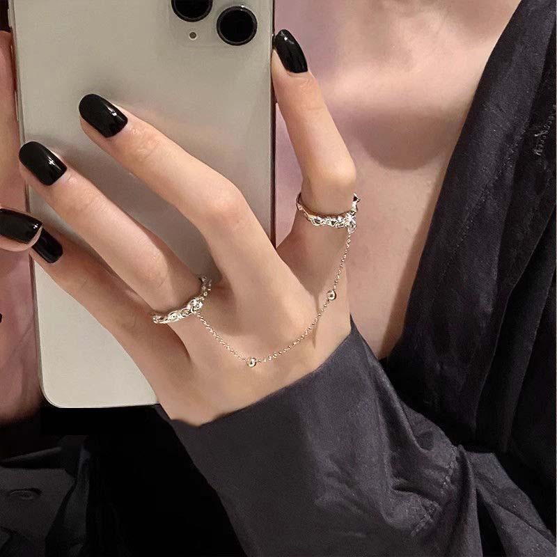 Fashion Punk Tassels Chain Double Ring Set Women Hip Hop Open Ring Metal Silver Color Ball Chain Party Jewlery Gifts