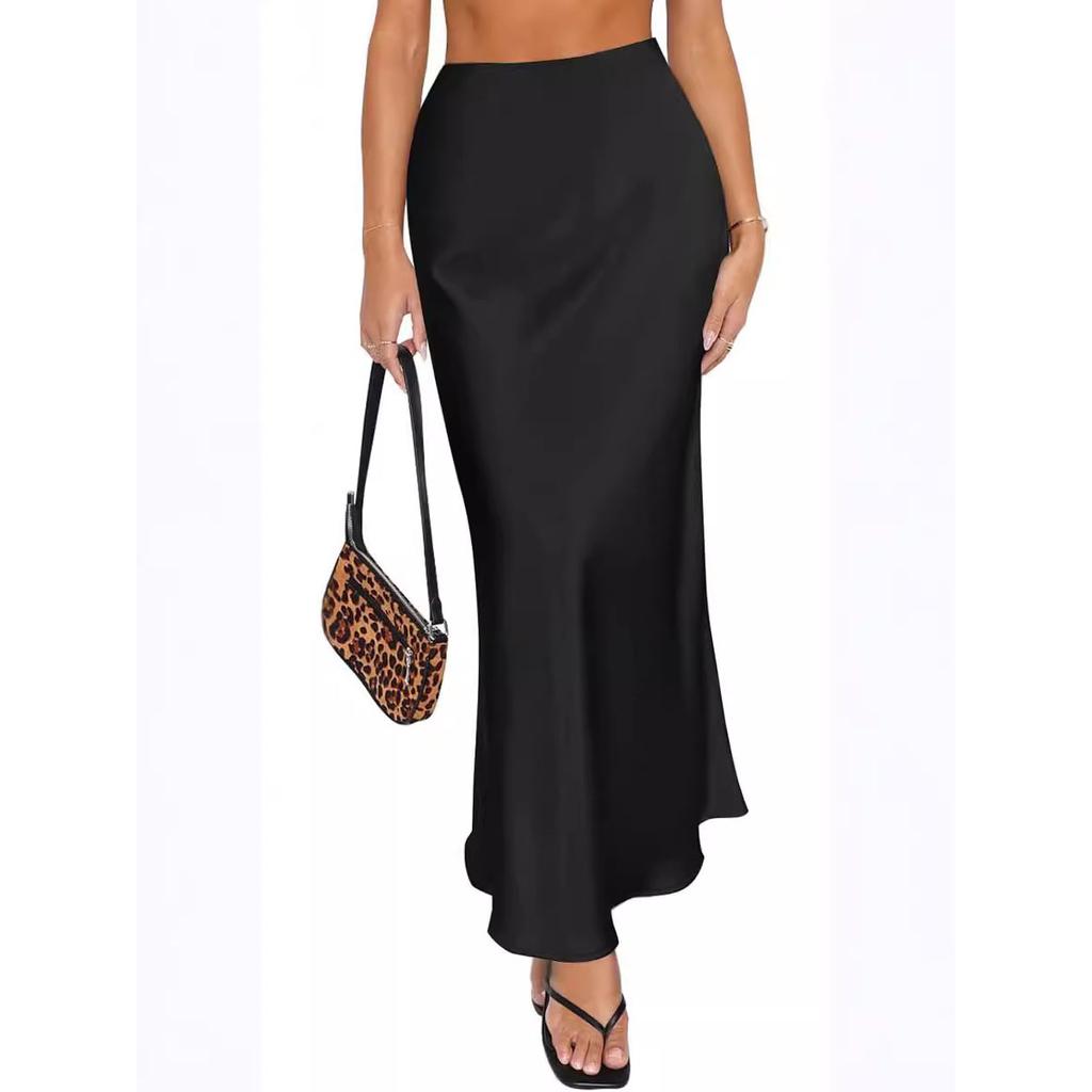 Fishtail Maxi Skirt Elegant Faux Silk Satin Skirts for Women High Waist A-line Office Lady Skirt Solid Color Glossy Finish Plus Size