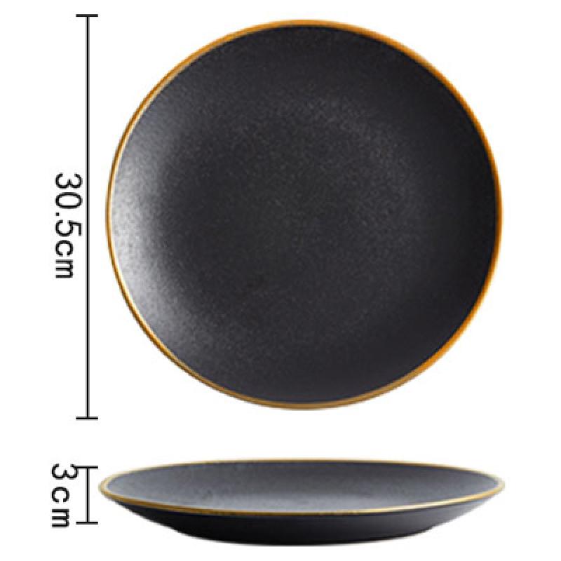 Frosted Black Ceramic Dinner Plate with Gold Border Round Steak Plate Hotel Restaurant Tableware Set Kitchen Utensils Porcelain