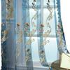 Blue Floral Embroidered European Style Gauze Window Curtain and Mosquito Net.