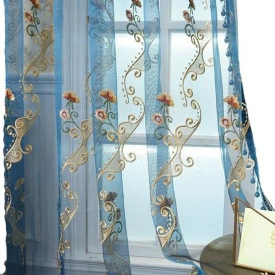 Blue Floral Embroidered European Style Gauze Window Curtain and Mosquito Net.