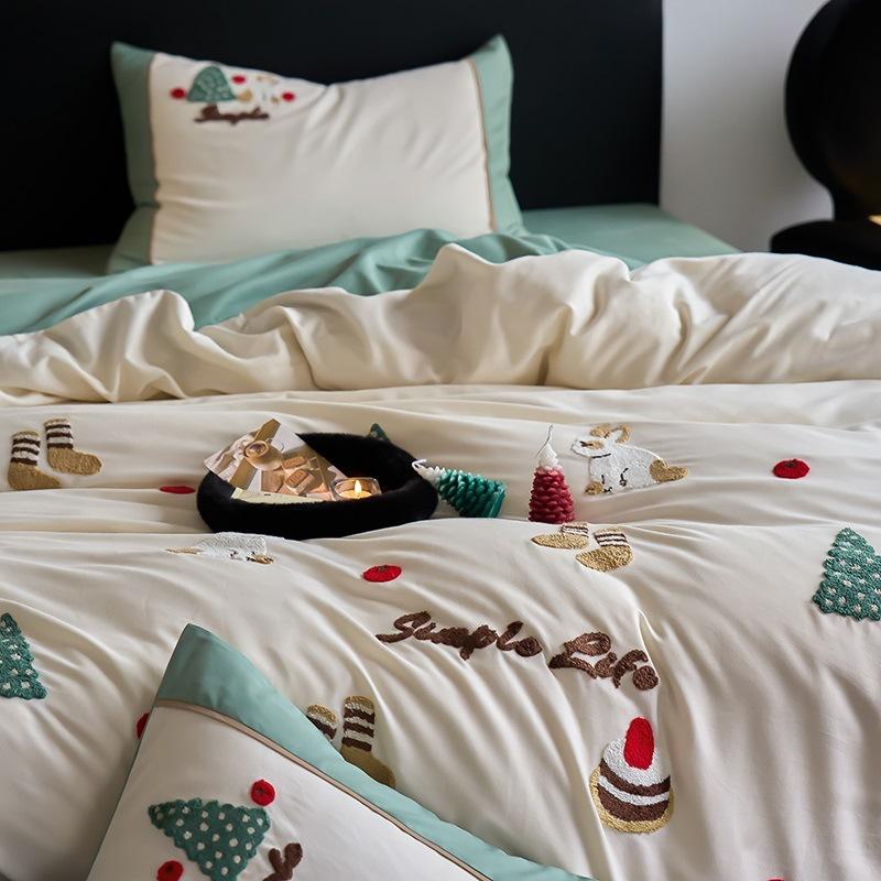

100 Pcs~ Cotton Polished Four-Piece Set, Christmas Towel Embroidered Pure Cotton Thickened Sheets, Bed Hat Clear 1.2m 3pc(quilt cover 150 * 200cm)