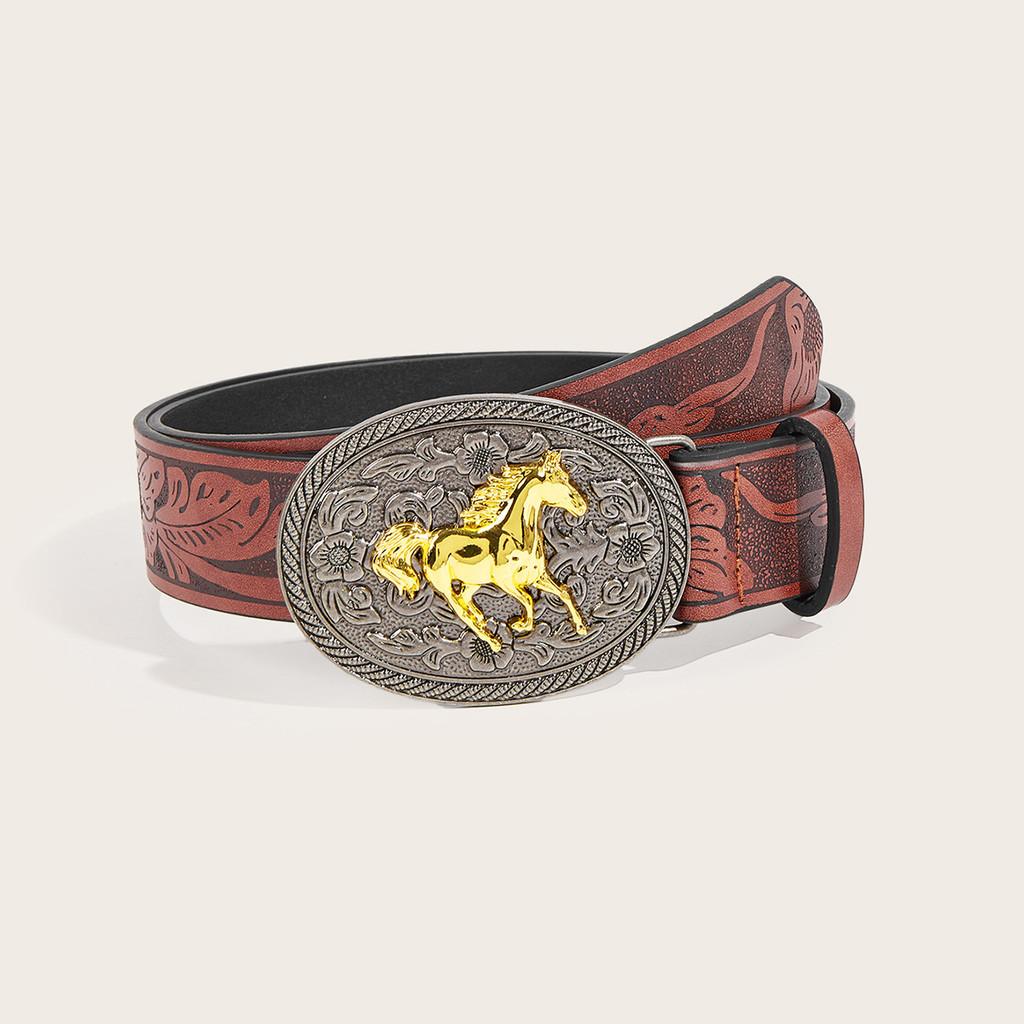 

Vintage Cowboy Pu Leather Belt With Horse Alloy Fastener Design For Men