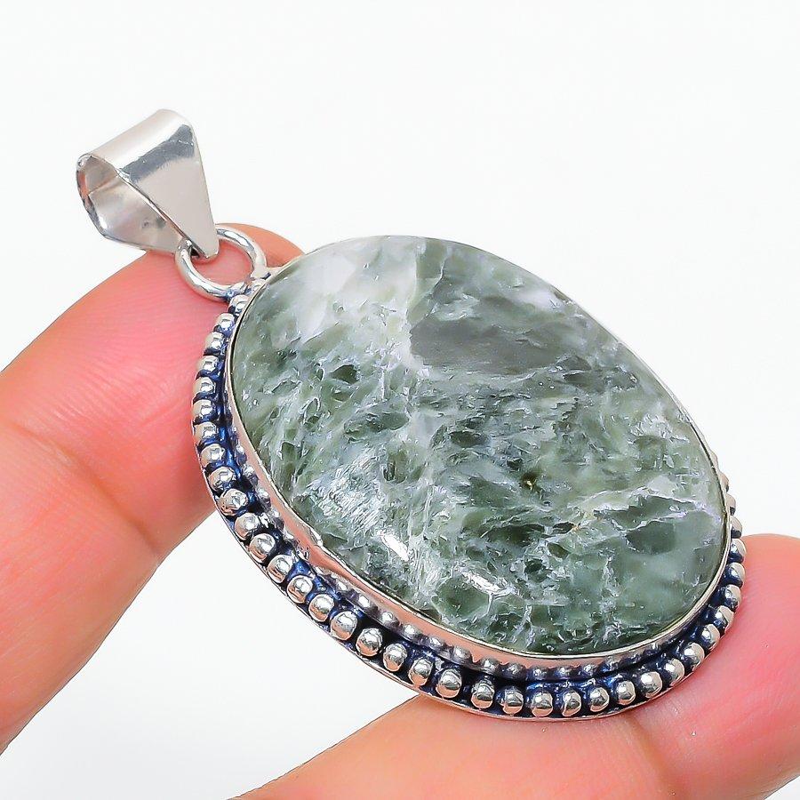 Natural Seraphinite Gemstone Handmade 925 Steling Silver Jewelry Pendant 2.13" AP-16798