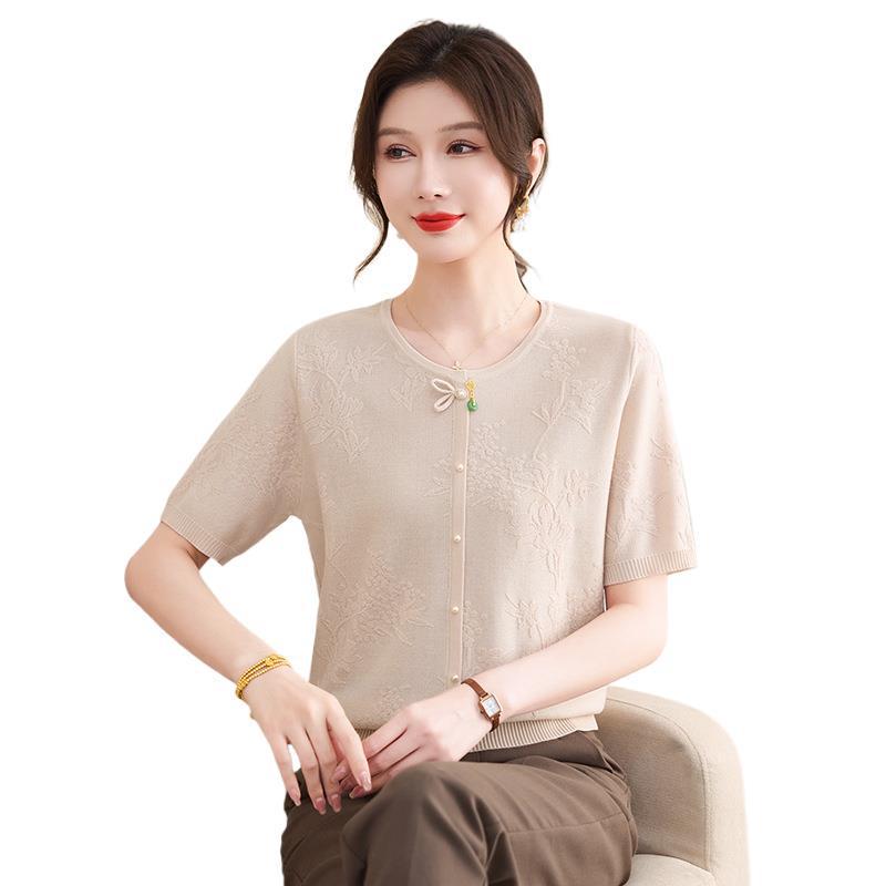 2026 New Summer Short Sleeve Ice Silk T-shirt for Young, Middle-Aged, and Elderly Women - Chinese National Style