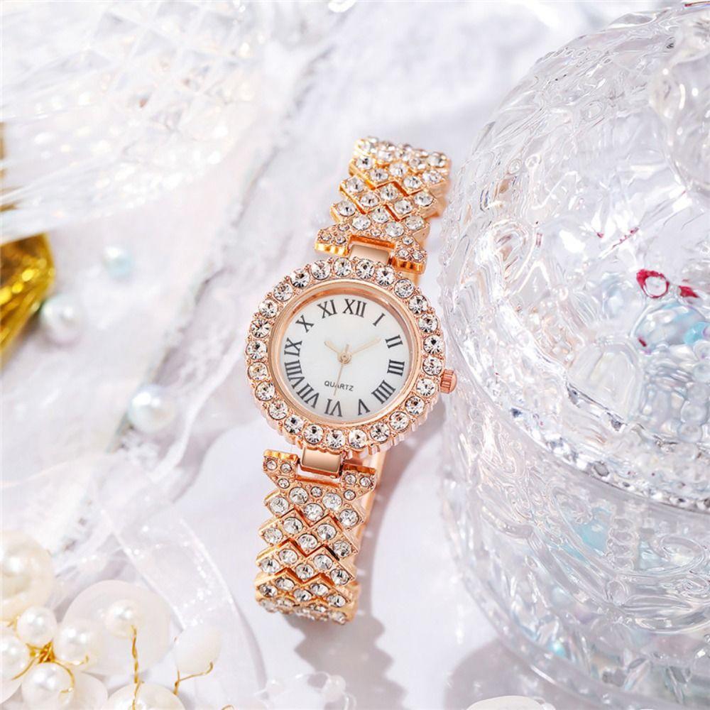 Silver Rhinestone Quartz Watches Luxury Watch Bracelet Set Rose Gold Watch  Daily Use