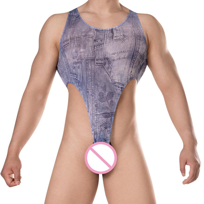 Body Sexy Uomo Taglio Alto Stampa Jeans Elastico Fasciatura Collant Sexy Trasparenti Modellante Leotard Pezzo Unico Perizoma