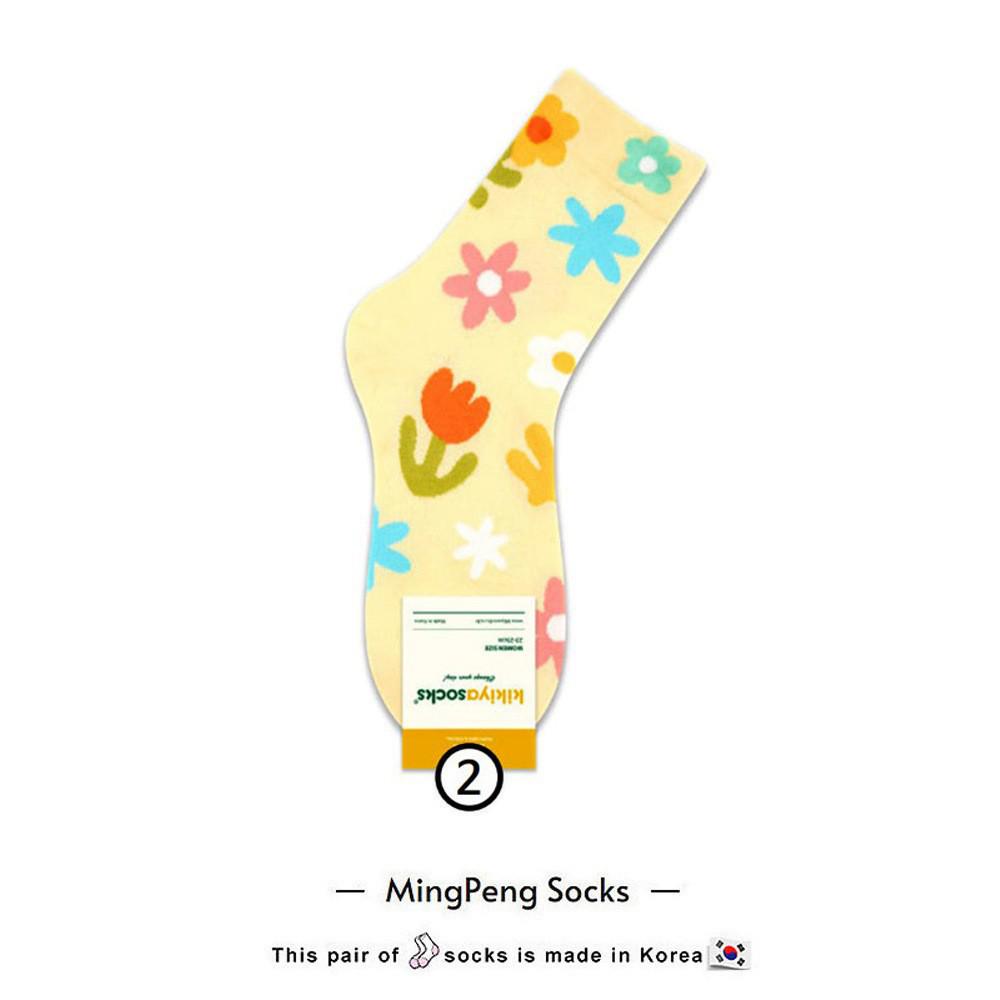 Korean Style Women's Floral Mid-Waist Cotton Socks - College Style with Big Flower Design