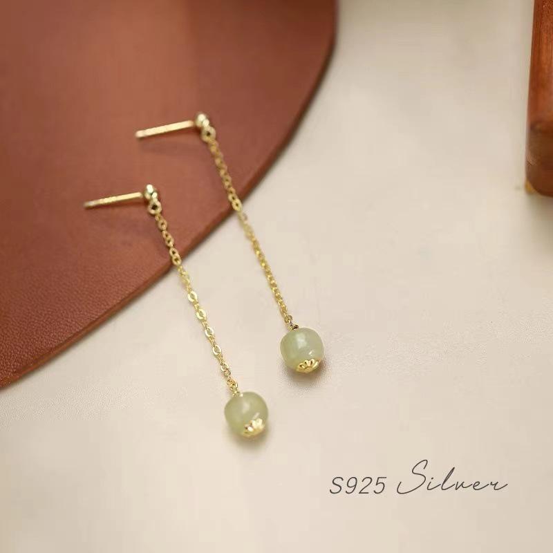 2023 High-End 925 Silver Long Tassel Earrings with Hetian Jade - Summer Drop Earring Accessories for Women