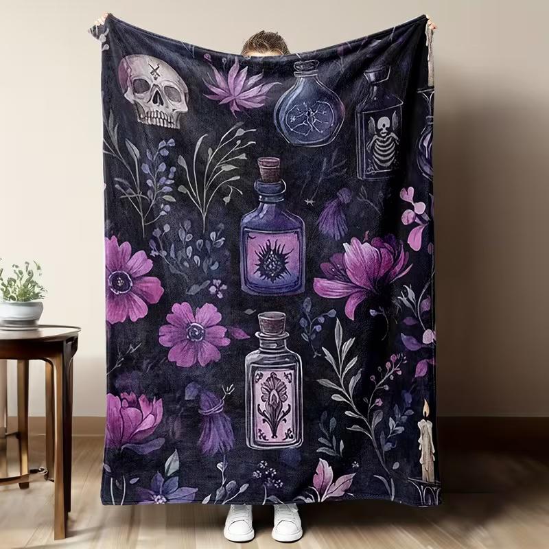 Gothic Skull Floral Botanical Flannel Throw Blanket Soft Warm Bed Sofa Cover, Vintage Witchcraft Element Decorative Rug for Bedroom Living Room Gift