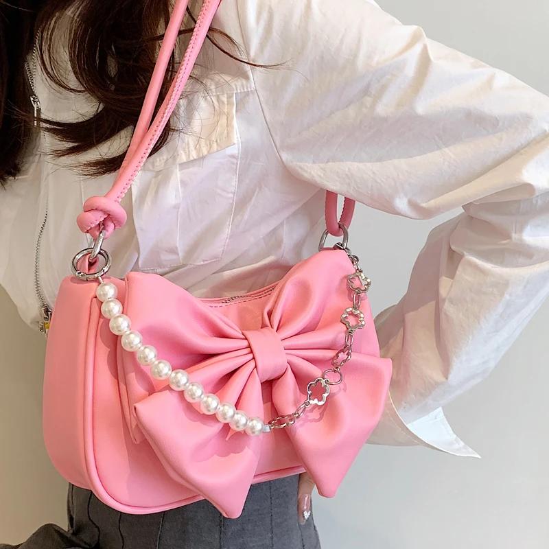 Pearl Chain Shoulder Bag with Bowknot for Women  Small Axillary Bag  Versatile  Luxurious Texture  Sweet  Summer Fashion